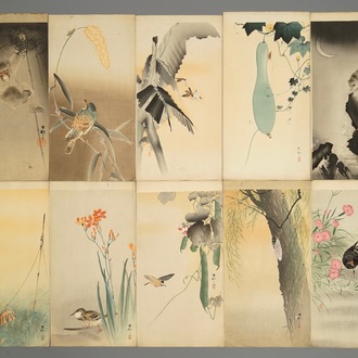 Tien Japanese aquarellen met decors van dieren en bloemen, Meiji, 19/20e eeuw