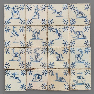 Zestien blauwwitte Delftse tegels met dieren, 17e eeuw