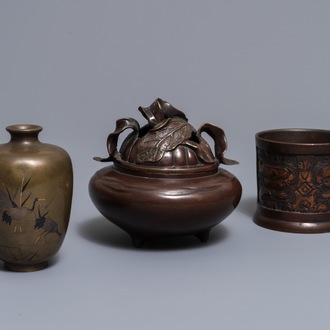 A Japanese inlaid bronze vase, a bronze censer and a parcel-gilt copper brush pot, Meiji, 19th C.