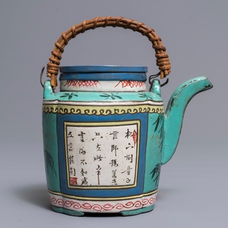 A Chinese enameled Yixing stoneware teapot and cover, 19th C.