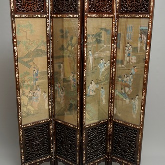 A Chinese mother-of-pearl inlaid wooden screen with silk paintings, 19th C.