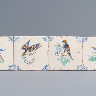 Four polychrome Dutch Delft 'bird' tiles, 17th C.