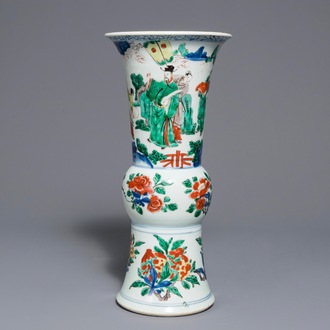 A Chinese wucai gu vase with figures, Shunzhi, Transitional period