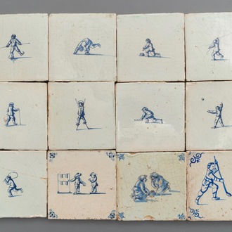 Twelve Dutch Delft blue and white tiles with children at play, 17th C.
