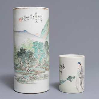 A Chinese qianjiang cai hat stand and a mug, signed Ren Huanzhang, 19th C.