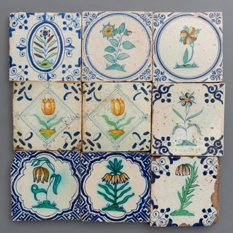 Nine polychrome Dutch Delft flower tiles, 17th C.