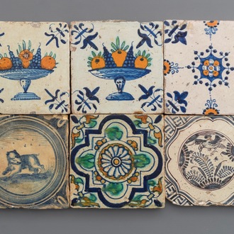 Six polychrome and blue and white Dutch Delft tiles, 16/17th C.