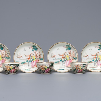 Vier Chinese famille rose koppen en schotels met decor van het 'Afscheid van de zeeman', Qianlong