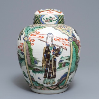 A Chinese famille verte Kangxi-style jar and cover, 19th C.