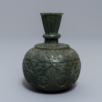 A Chinese Mughal-style spinach jade huqqa base, 19/20th C.