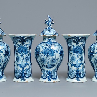 A Dutch Delft blue and white five-piece garniture with floral design, 18th C.