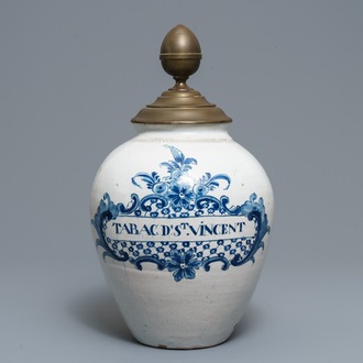 A large Delft-style blue and white tobacco jar 'Tabac St. Vincent', Lille, France, 18th C.