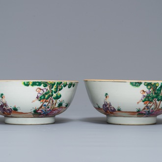 A pair of Chinese famille rose 'cherrypickers' bowls, Qianlong