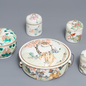 A Chinese qianjiang cai tureen, three cup warmers and a famille rose bowl and cover, 19/20th C.
