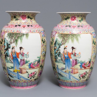 A pair of fine Chinese famille rose vases, Qianlong mark, Republic, 20th C.