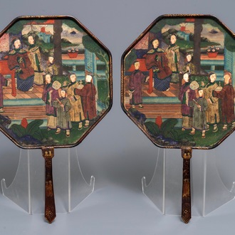 A pair of Chinese octagonal lacquer-handled fans, Canton, 19th C