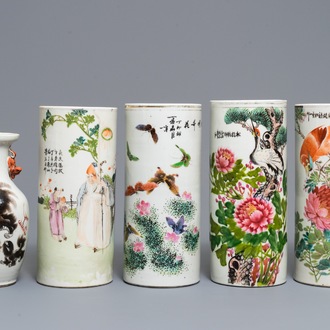 Four Chinese famille rose and qianjiang cai hat stands and a vase, 19/20th C.