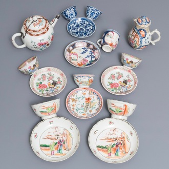 A varied collection of Chinese famille rose and blue and white tea wares, Kangxi/Qianlong