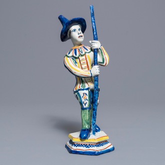 A polychrome Dutch Delft figure of a gondolier from the Commedia dell'arte, 18th C.