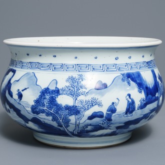 A Chinese blue and white censer with figures in a landscape, Kangxi