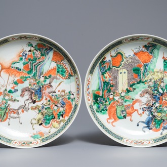 Two Chinese famille verte 'battle' dishes, one with Kangxi mark, 19th C.