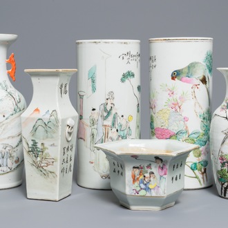 Een collectie van zes Chinese qianjiang cai vazen, 19/20e eeuw
