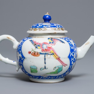 A rare Chinese famille rose 'perching parrot' teapot and cover, Yongzheng/Qianlong