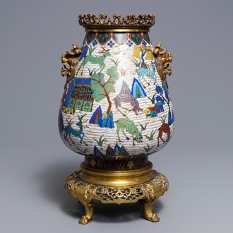 A Chinese gilt-bronze mounted cloisonné hu vase with deer in a landscape, 18/19th C.