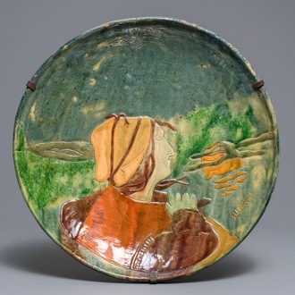 A large Flemish pottery Art Nouveau 'Sunset' dish, dated 1899, Leo Maes Vereenoghe, Torhout