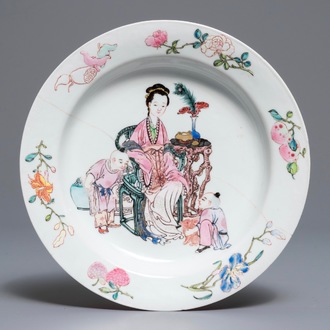 A Chinese famille rose eggshell 'ruby back' plate, Yongzheng