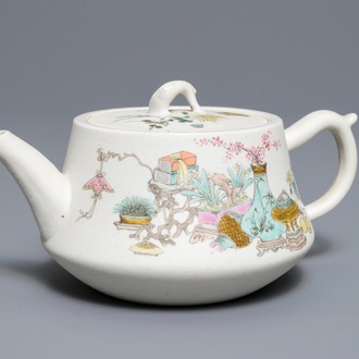 A Chinese qianjiang cai biscuit teapot and cover, dated 1894