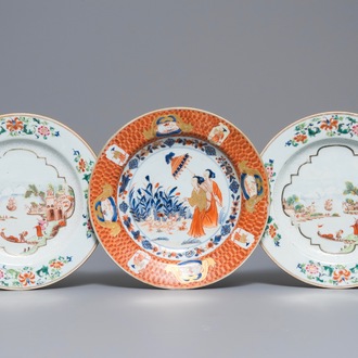 A pair of Chinese famille rose bianco sopra bianco plates and an Imari-style Pronk 'Dames au Parasol' plate, Qianlong