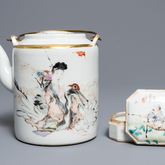 A Chinese qianjiang cai teapot and a box and cover, signed Ma Qingyun, 19/20th C.