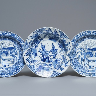 Three deep Chinese blue and white dishes, Kangxi