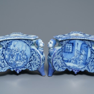 A pair of Dutch Delft blue and white candlestick bases, 17th C.