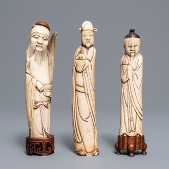 Three Chinese carved ivory and bone figures of immortals, Ming