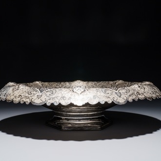 An engraved silver bowl on stand, Iran, 1967-1979