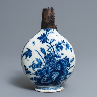 A Dutch Delft blue and white silver-mounted pilgrim's flask, early 18th C.