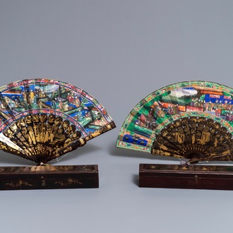 Two Chinese lacquer and painted paper fans with original boxes, Canton, 19th C.