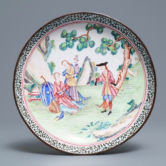 A Chinese Canton enamel ‘European subject’ plate, Qianlong