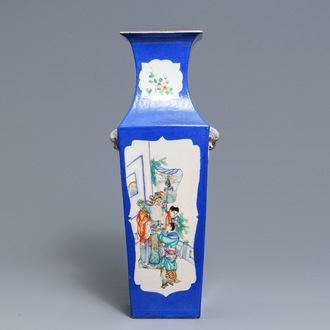 A square Chinese famille rose blue-ground vase, 19th C.