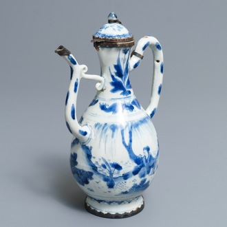 A Chinese blue and white silver-mounted jug and cover, Transitional period