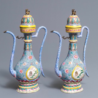 A pair of Chinese Islamic market Canton enamel ewers and covers, Qianlong/Jiaqing