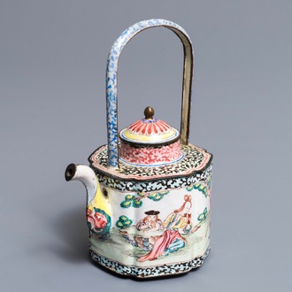 A Chinese Canton enamel ‘European subject’ teapot and cover, Qianlong