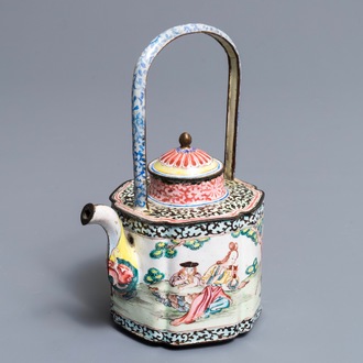 A Chinese Canton enamel ‘European subject’ teapot and cover, Qianlong