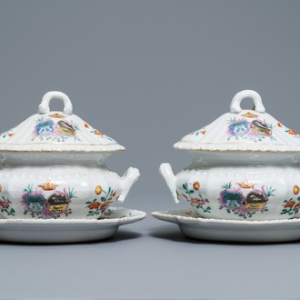 A pair of Chinese famille rose Dutch market armorial tureens on stands, arms of Nauta Beuckens and Swalue accollé, Qianlong