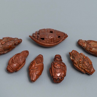 Seven Chinese carved olive pits, Republic, 20th C.