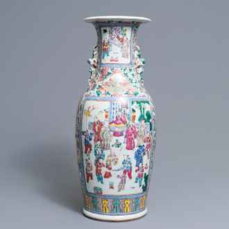 A Chinese famille rose vase with figures in a garden, 19th C.