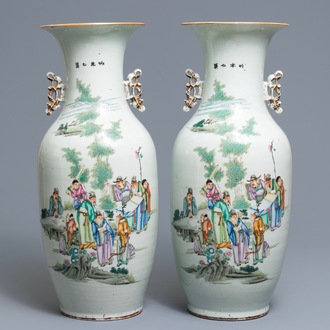 A pair of Chinese famille rose vases with sages in a landscape, 19/20th C.