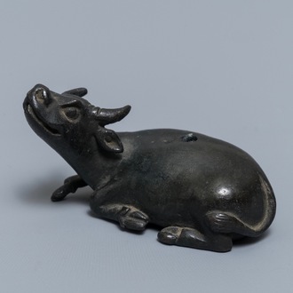 A Chinese bronze water dropper in the shape of a buffalo, two-character mark, Ming